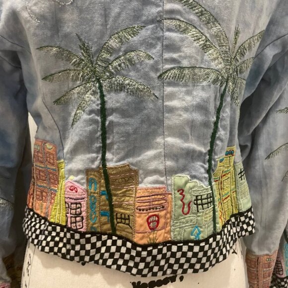 Y2K FUNKY JACKET MIAMI BEACH ART EMBROIDERED CITY DEMIN BLUE COLORS SZ XS RETRO - Picture 12 of 16
